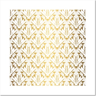 White and Gold Faux Foil Vintage Art Deco Geometric Triangle Pattern Posters and Art